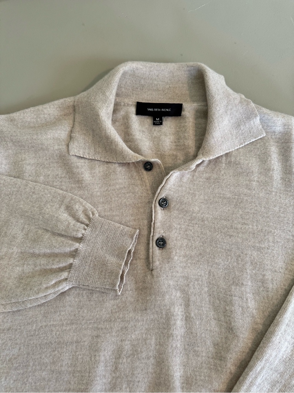 Saks Fifth Ave Men’s Beige Solid Knit Collared 100% Merino Wool Sweater M